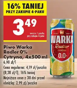 Biedronka Piwo Warka Radler 0% Cytryna, oferta