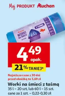Auchan Worki na śmieci z taśmą 60 l Auchan oferta