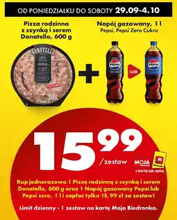 Biedronka Zestaw pizza rodzinna z szynką i serem + napój gazowany Pepsi lub Pepsi Zero Cukru 1 l Donatello oferta