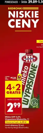 Biedronka Mleko UHT 3,2% Wypasione 4+2 GRATIS Mlekovita oferta