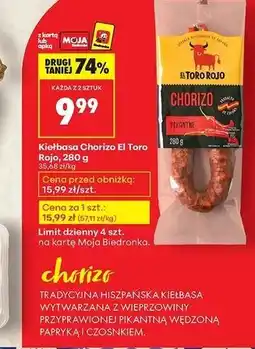 Biedronka Kiełbasa chorizo pikantna El Toro Rojo oferta