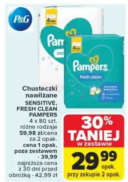 Carrefour Chusteczki nawilżane sensitive, fresh clean pampers oferta