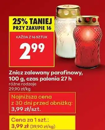 Biedronka Znicz zalewany parafinowy, 100 g, czas palenia 27 h oferta