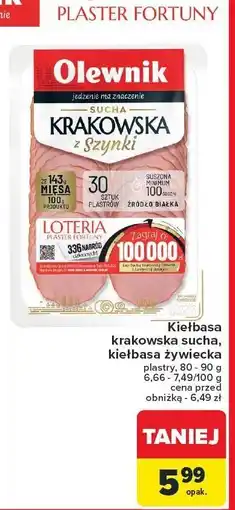 Carrefour Kiełbasa krakowska sucha, kiełbasa żywiecka OLEWNIK plastry 143g/100g oferta
