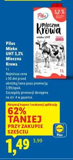 Lidl Mleko UHT 3,2% Mleczna Krowa Pilos oferta