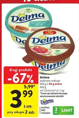 Intermarche Margaryna Delma wybrane rodzaje 450 g + 50 g extra, od 7,98 do 8,87 zł / 1 kg oferta