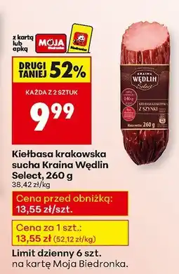 Biedronka Kiełbasa krakowska sucha Kraina Wędlin Select, 260 g oferta