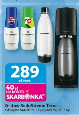Auchan Zestaw: urządzenie terra black + 2x butelki 1l 1 cylinder syrop pepsi 7up Sodastream oferta