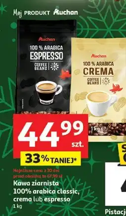 Auchan Kawa ziarnista 100% Arabica classic, crema lub espresso 1 kg Auchan oferta