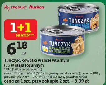 Tuńczyk, kawałki w sosie własnym lub w oleju roślinnym 170 g (120 g po odcedzeniu) Auchan