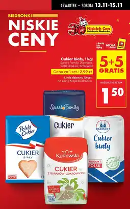 Biedronka Cukier biały, 1 kg 5+5 GRATIS Sweet Family, Diamant, Polski Cukier, Królewski oferta