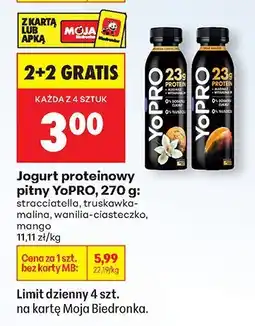 Biedronka Jogurt proteinowy pitny YoPRO, 270 g: straciatella, truskawka-malina, wanilia-ciasteczko, mango oferta