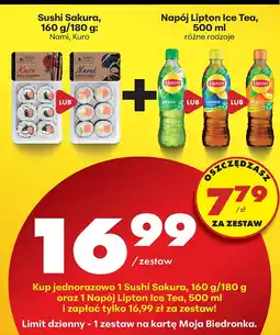 Biedronka Zestaw Sushi Sakura 160g/180g Nami lub Kuro + Napój Lipton Ice Tea 500ml Sushi Sakura, Lipton oferta