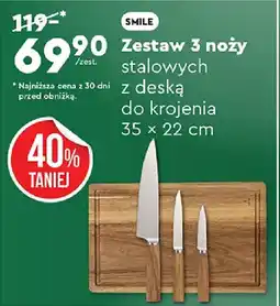 Biedronka SMILE Zestaw 3 noży stalowych z deską do krojenia oferta