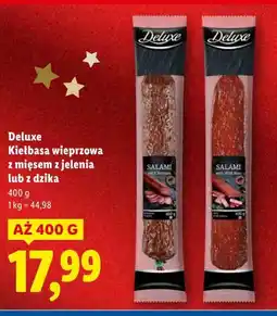 Lidl Deluxe, kiełbasa wieprzowa z mięsem z jelenia lub dzika oferta