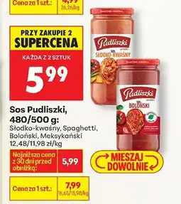 Biedronka Sos Pudliszki, 480/500 g: słodko-kwaśny, Spaghetti, Boloński, Meksykański oferta