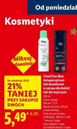 Lidl Cien/Cien Men Antyperspirant lub dezodorant w sprayu dla kobiet lub dla mężczyzn oferta