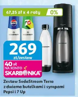 Auchan Zestaw: urządzenie terra black + 2x butelki 1l 1 cylinder syrop pepsi 7up Sodastream oferta