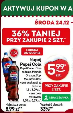 Żabka Napój Pepsi Cola 1,5l, Mirinda, Orange, 7Up, Mountain Dew oferta