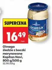 Biedronka Omega śledzie z beczki marynowane Kapitan Navi, 800 g/500 g oferta