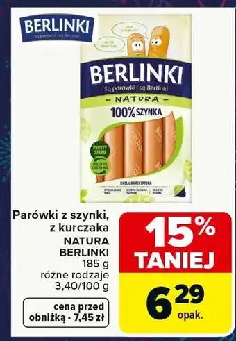 Parówki z szynki, z kurczaka NATURA BERLINKI 185 g różne rodzaje