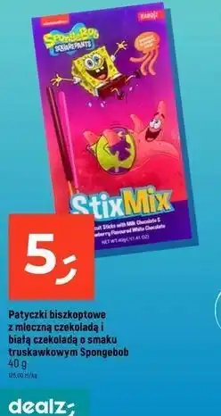 Dealz Patyczki biszkoptowe z mleczną czekoladą i białą czekoladą o smaku truskawkowym Spongebob 40 g oferta