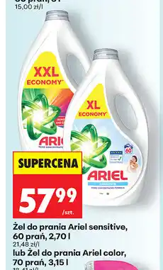 Biedronka Żel do prania Ariel sensitive, 60 prań, 2,7 l lub Żel do prania Ariel color, 70 prań, 3,15 l oferta