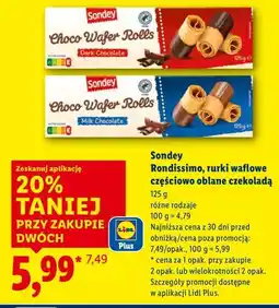 Lidl Sondey Rondissimo, rurki waflowe częściowo oblane czekoladą 125 g (różne rodzaje) oferta