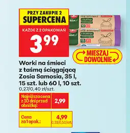 Biedronka Worki na śmieci z taśmą ściągającą Zosia Samosia, 35 l, 15 szt. lub 60 l, 10 szt oferta
