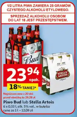 Auchan Piwo Bud lub Stella Artois, 6 x 0,33 l, butelka oferta