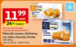 Auchan Paluszki serowe, chicseny lub stek z łososia, Frosta oferta