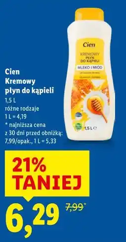 Lidl Cien Kremowy płyn do kąpieli Mleko i miód oferta