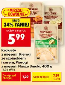 Biedronka Krokiety z mięsem, Pierogi ze szpinakiem i serem, Pierogi z mięsem Nasze Smaki oferta