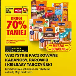 Biedronka Kabanosy, parówki i kiełbasy Tarczyński (wszystkie paczkowane) oferta