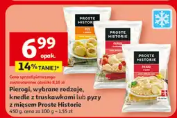 Auchan Pierogi, wybrane rodzaje, knedle z truskawkami lub pyzy z mięsem Proste Historie oferta