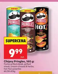 Biedronka Chipsy Pringles, 165 g (cream cheese & herbs, hot fiery paprica, flame grilled steak) oferta