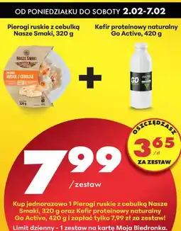 Biedronka Zestaw: Pierogi ruskie z cebulką Nasze Smaki + kefir proteinowy naturalny Go Active oferta