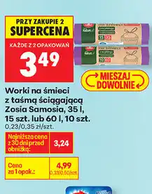 Biedronka Worki na śmieci z taśmą ściągającą Zosia Samosia, 35 l, 15 szt. lub 60 l, 10 szt oferta