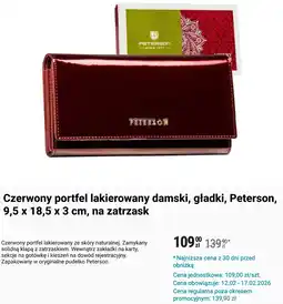 Biedronka Czerwony portfel lakierowany damski, gładki, Peterson, 9,5 x 18,5 x 3 cm, na zatrzask oferta