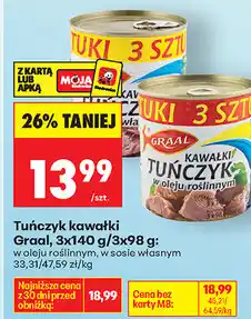 Biedronka Tuńczyk kawałki Graal, 3x140 g/3x98 g: w oleju roślinnym, w sosie własnym oferta