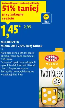 Lidl MLEKOVITA Mleko UHT 2,0% Twój Kubek oferta