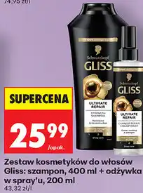 Biedronka Zestaw kosmetyków do włosów Gliss: szampon, 400 ml + odżywka w spray'u, 200 ml oferta