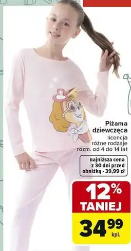 Carrefour Piżama dziewczęca licencja różne rodzaje rozm. od 4 do 14 lat oferta