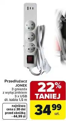 Carrefour Przedłużacz JONEX 3 gniazda z wyłącznikiem 3 x USB dł. kabla 1,5 m oferta
