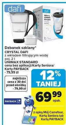 Carrefour Dzbanek szklany CRYSTAL DAFI z wkładem filtrującym wodę poj. 2 l UNIMAX STANDARD oferta