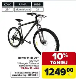 Carrefour Rower MTB 29 Motion 21 biegów Shimano hamulce tarczowe 124,90 x 10 rat 0% oferta