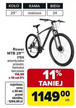 Carrefour Rower MTB 29 Itek amortyzator przedni, hamulce tarczowe 114,90 x 10 rat 0% oferta