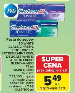 Carrefour Pasta do zębów 3D White Classic Fresh, Cool Water, Extreme Mint Kiss, Delicate White, Arctic Fresh oferta