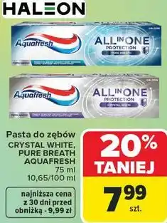 Carrefour Pasta do zębów Crystal White, Pure Breath Aquafresh oferta