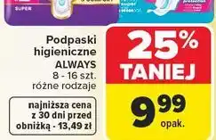 Carrefour Podpaski higieniczne ALWAYS 8 - 16 szt. różne rodzaje oferta